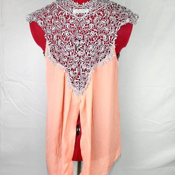 Esley Brand Peach & Gray Embroidered Lace Sleeveless Blouse w/ Split Back - S - Picture 8 of 12